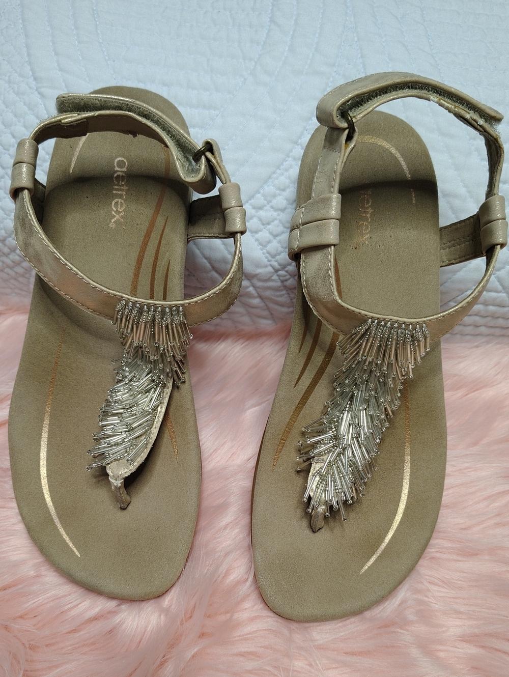 Used Aetrex Women's Metallic Gold Beaded T-Strap Sandals